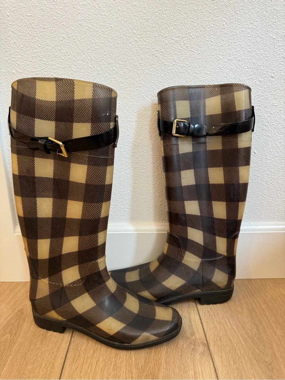 Lauren Ralph Lauren Buffalo Plaid Tall Rain Boots Black Tan Women’s Size 9